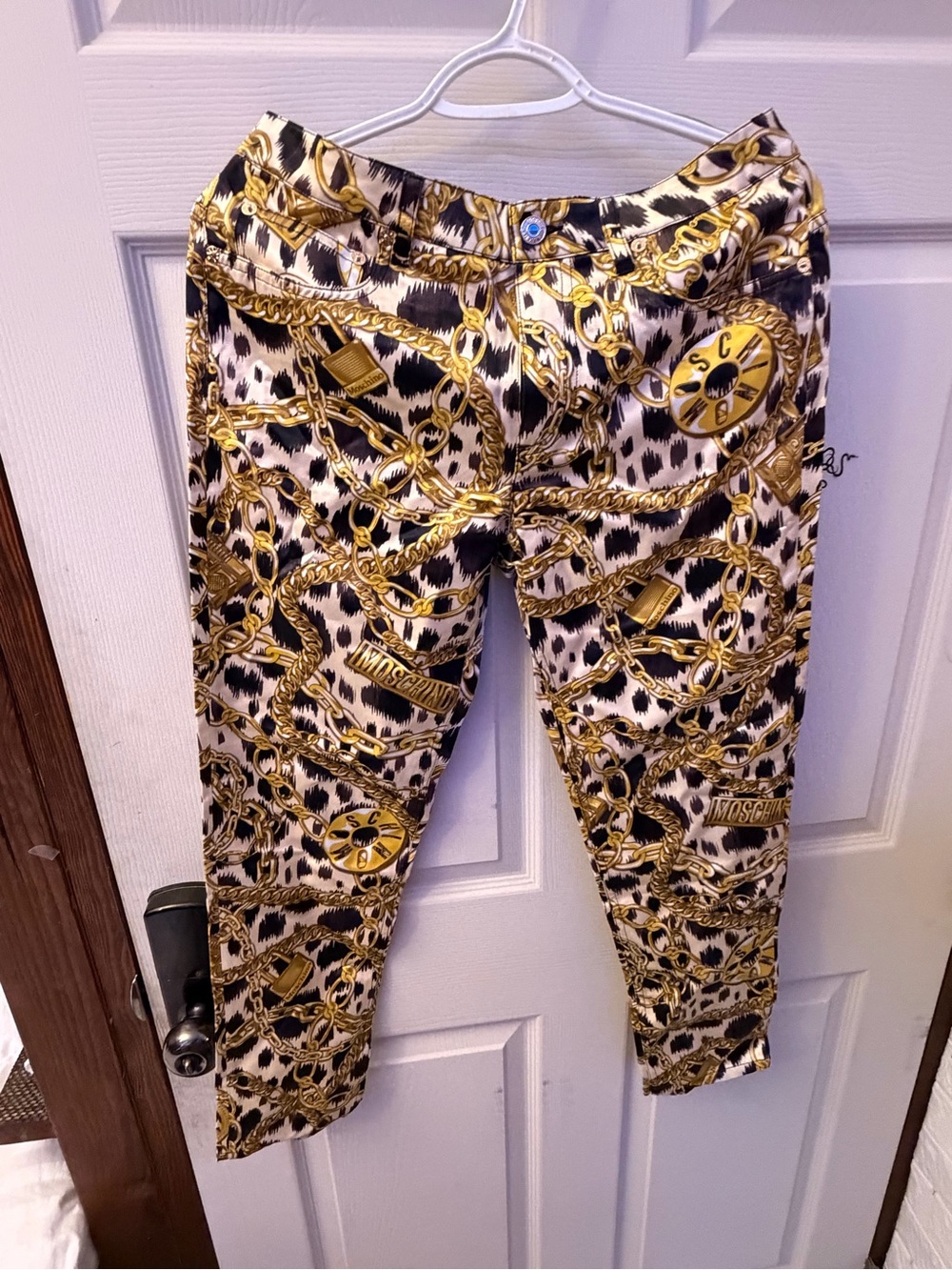 Moschino Black, White & Gold Chain Print Trousers